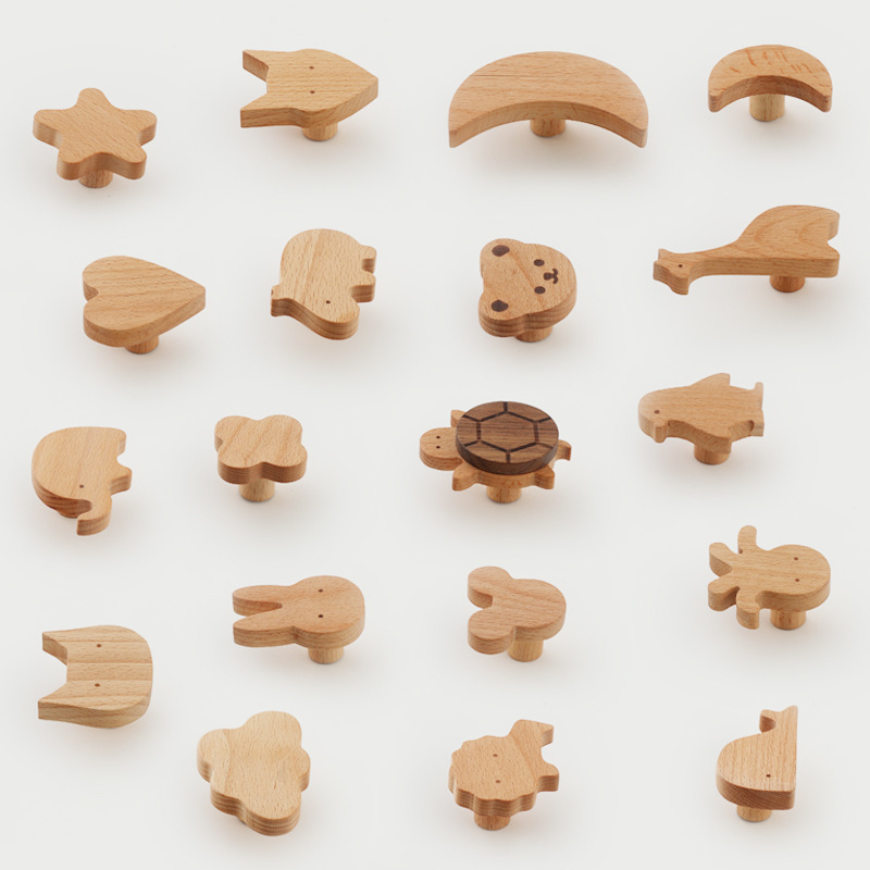 Solid wood handle, no need for drilling, natural wood color bedside table, cartoon drawer, Nordic modern children's room, beech wood wardrobe handle details Picture