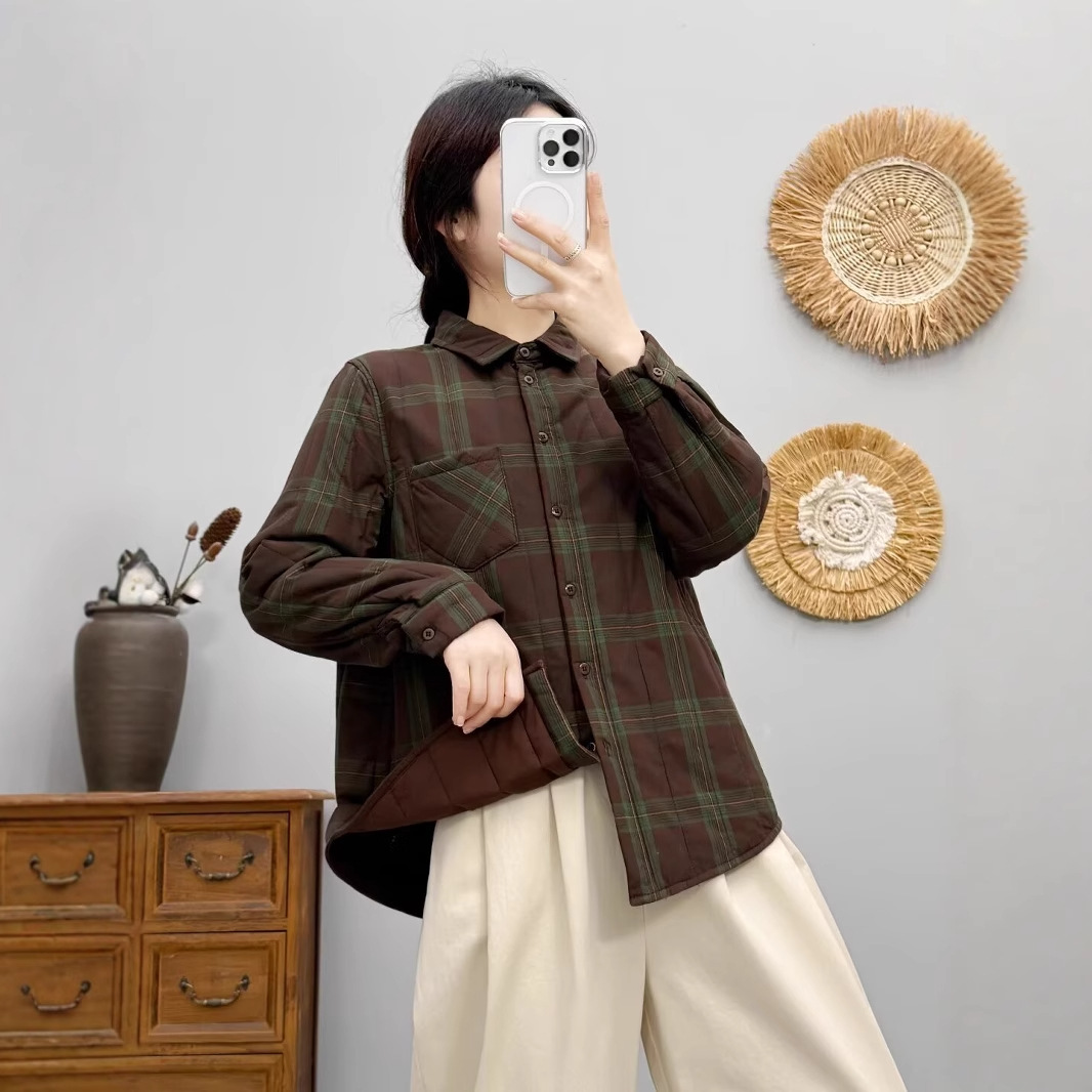 格子加棉衬衫 2024冬季新款 时尚保暖翻领上衣女气质长袖衬衣9852