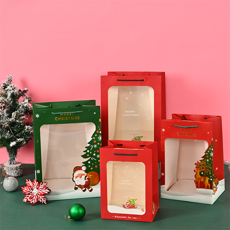 现货透明橱窗圣诞纸袋礼品手提袋平安夜礼物苹果包装盒糖果包装袋图