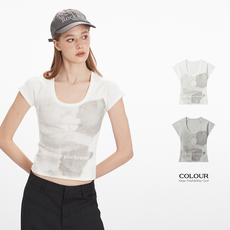 HeyHenry 美式辣妹低U领修身显瘦短袖T恤女小熊印花正肩夏季上衣