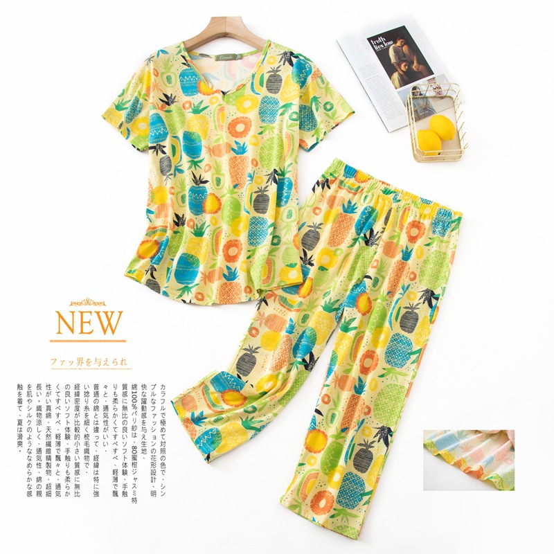Cross-border pajamas spring and summer short-sleeved capri pants cartoon cute large-sized cotton women's pajamas set home wear wholesale Item Picture