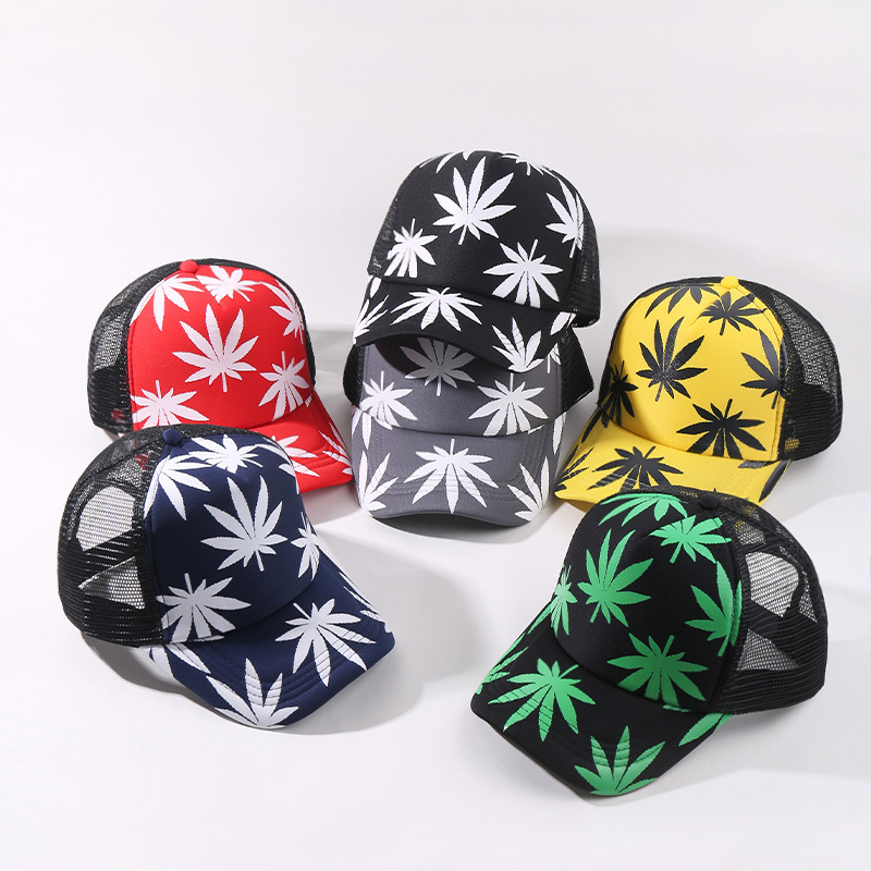 卡车司机网帽外贸欧美枫叶印花海绵棒球帽夏季带网遮阳鸭舌帽