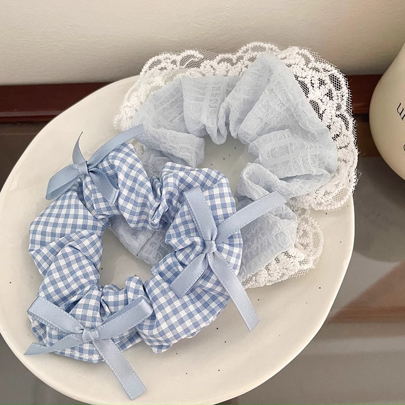 蓝色小清新蝴蝶结大肠发圈女蕾丝花边扎高马尾发绳高颜值皮筋头绳