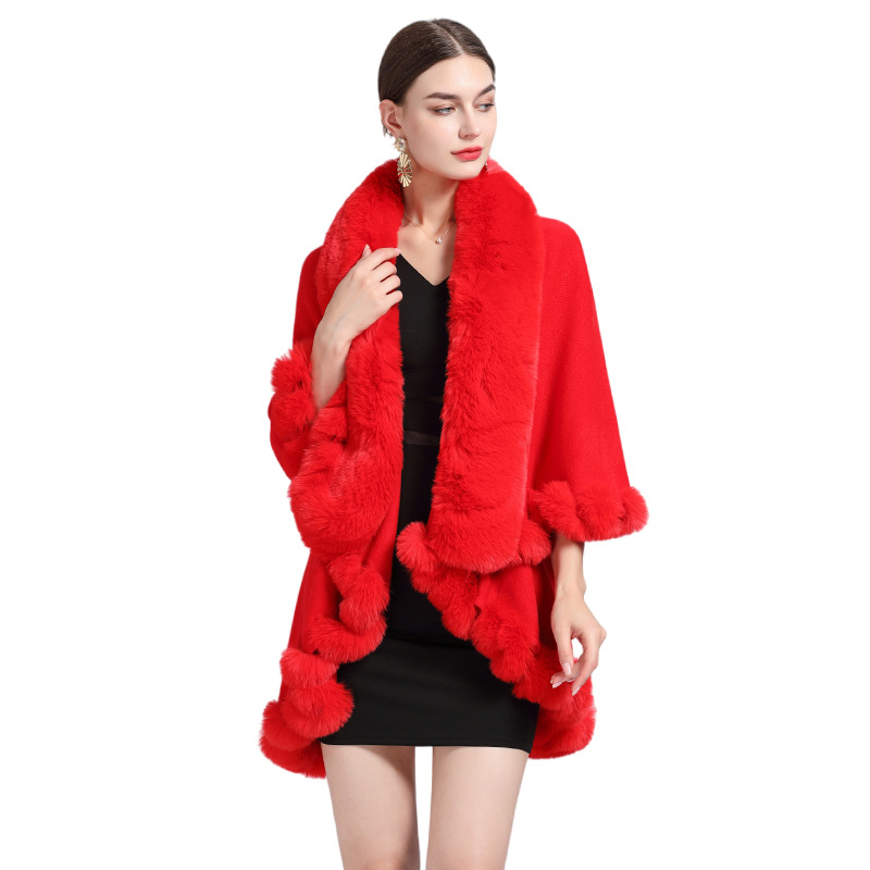 807# Europe And The United States New Autumn-Winter Imitation Rex Rabbit Fur Collar Cape Lady Large-Size Knitted Cardigan Loose Coat Woman Item Picture