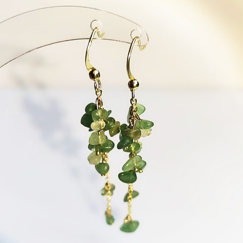 Retro Style Olive Green Gravel Long Tassel Ear Clip Mosquito Coils Without Ear Holes Earrings Gold Earrings Specification drawing