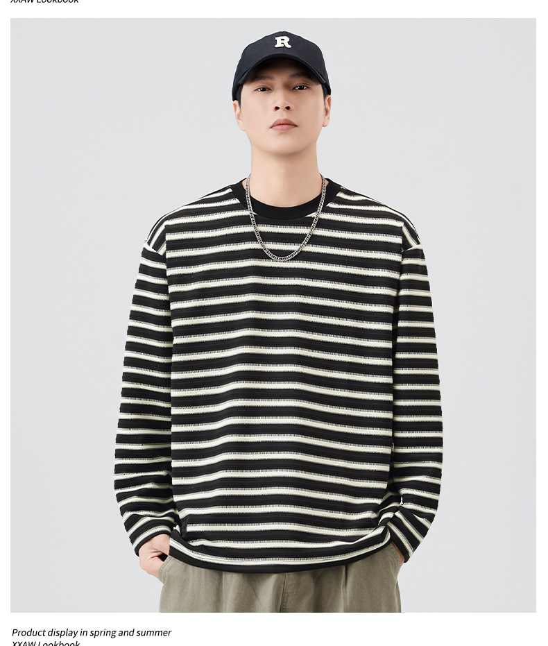 Black striped long-sleeved T-shirt for men, a loose and contrasting color round soul base layer top from the 2025 autumn fashion brand pic 12