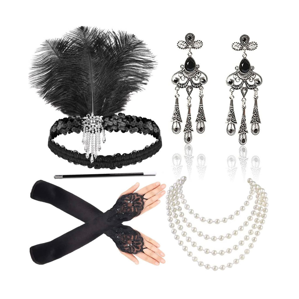 Gatsby Party Feather alloy headband, pearl necklace, cigarette stick glove set, retro Hepburn outfit accessories Specification image