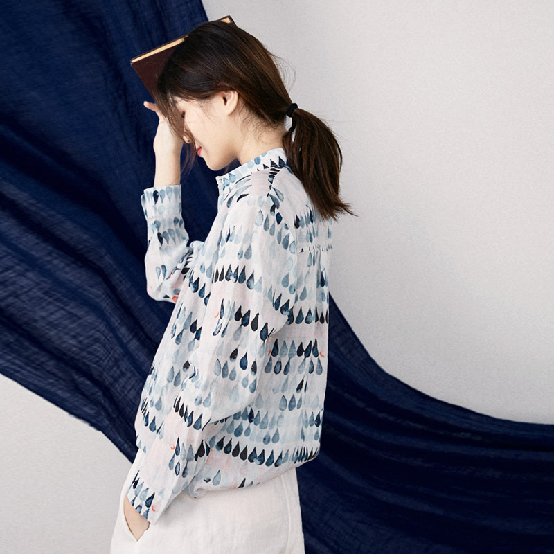 Artistic and versatile long-sleeved printed shirt for women, 2022 Spring and Autumn new large-sized Tense ramie casual top, Trendy 9975 details Picture