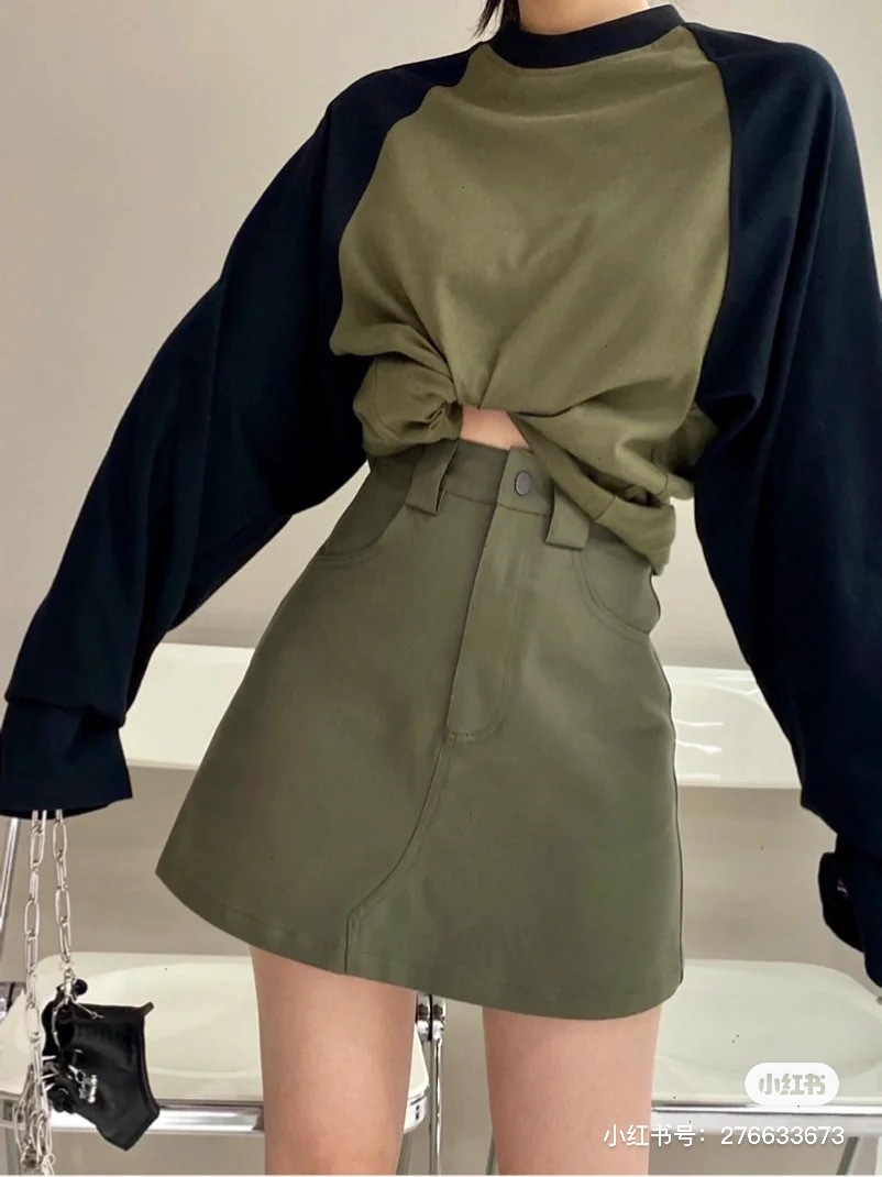 2022 Summer New simple design, spicy girl style, military green, slimming, versatile workwear short skirt, high-waisted A-line skirt for women details Picture