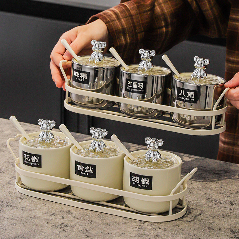 奶油风调味罐套装轻奢壁挂式调料盒陶瓷厨房盐味精调料收纳盒家用