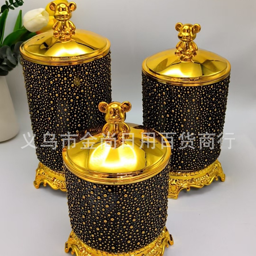 Plastic bear lid, round rice beads, gold edge, round stand, storage tank, kitchen rice storage tank with color box Application Scenario
