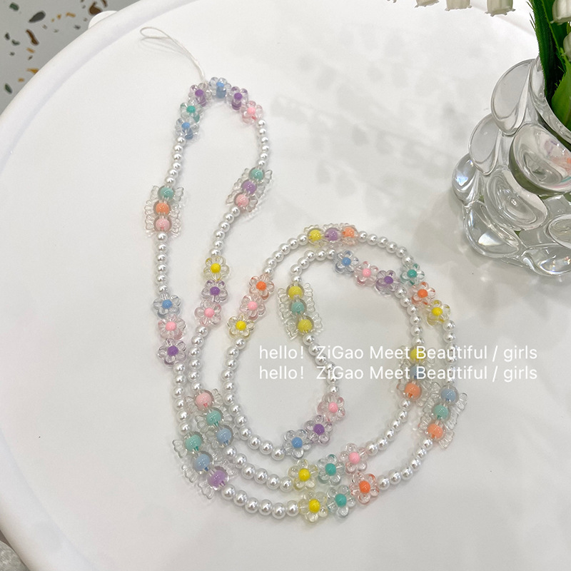 Colorful Flower Beaded Mobile Phone Chain Candy Color Imitation Pearl Long Crossbody Mobile Phone Chain Korean Mobile Phone Lange