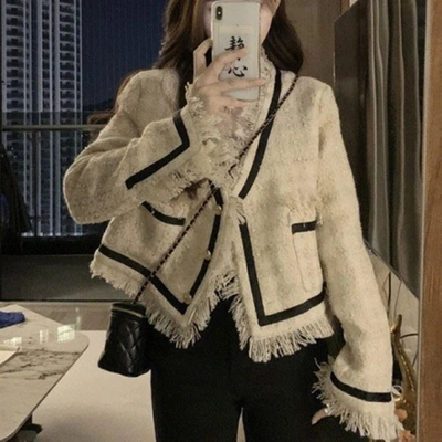 Large Size Sweet Korean Version Of The New Color Contrast Braided Fringe Design Sense Of Small Fragrance Style Long Sleeve Blouse Female Coat