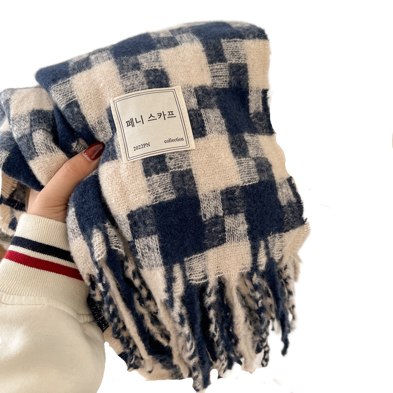 New Mixed Color Checkered Scarf For Women Autumn And Winter Korean Version Of The Tassel Bib Extra Long Thick Warm Student Shawl Item Picture
