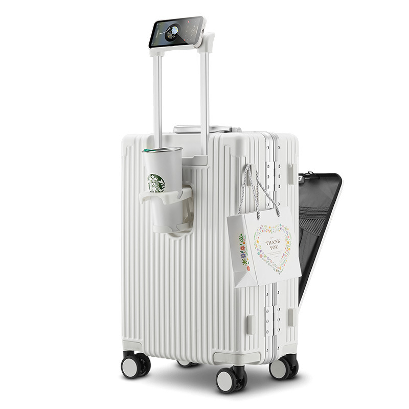 Source factory 18-inch front-opening suitcase, multi-functional aluminum frame handle suitcase, charging suitcase, water cup holder travel suitcase Item Picture