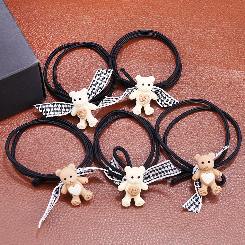 Korean cute little bear rubber band, checkered bow, black hair tie, cartoon head accessory, ponytail hair tie, hair accessory details Picture