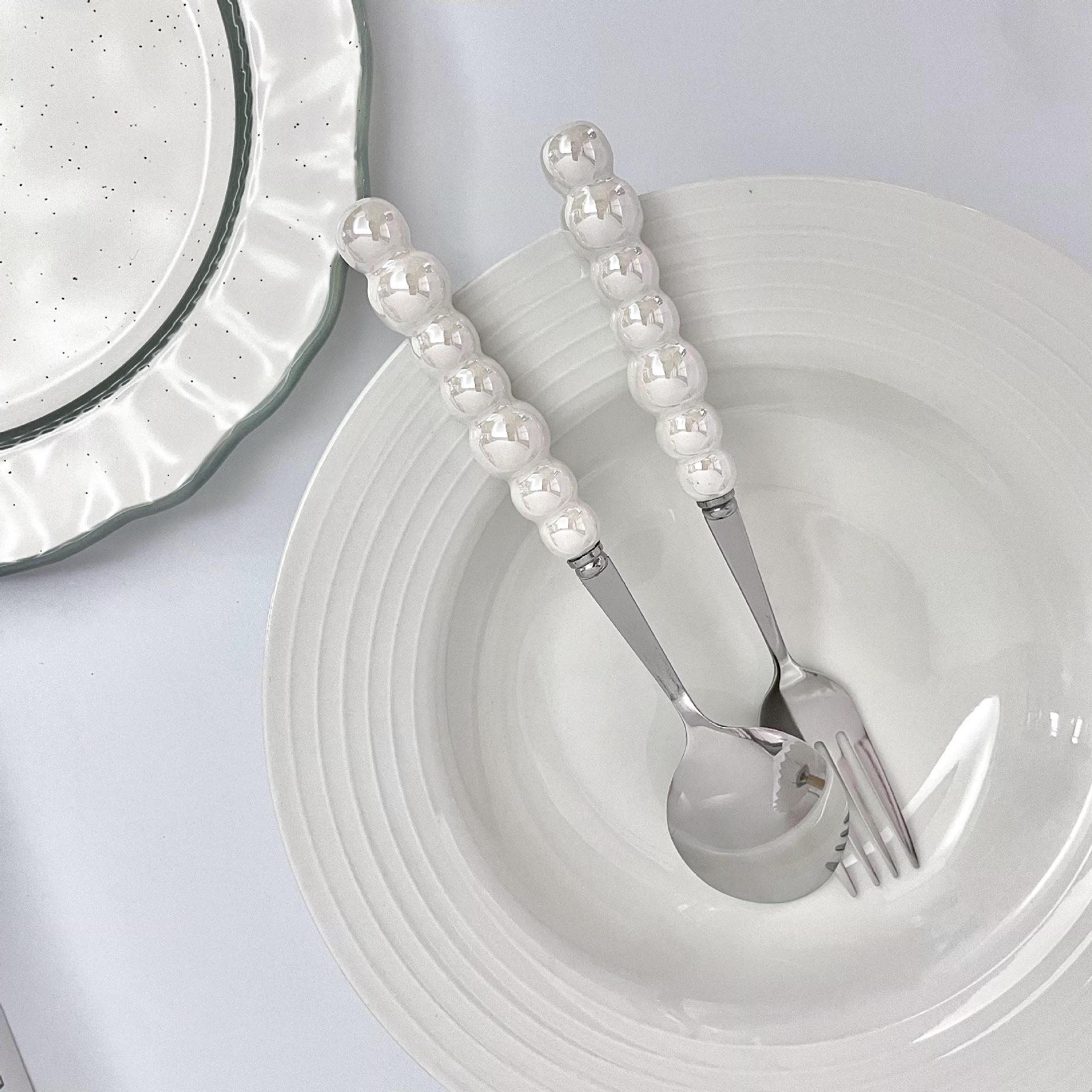 Light Luxury Ins Pearl Ceramic Handle Spoon Advanced Sense Girl Heart Spoon Stainless Steel High Appearance Level Stainless Steel Spoon