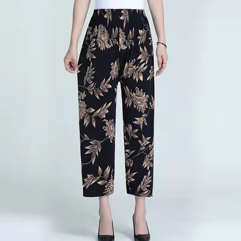 Summer cool thin ice silk women's pants, striped women's floral pants, 9/7/floral pants, casual pants for middle-aged and elderly mothers details Picture