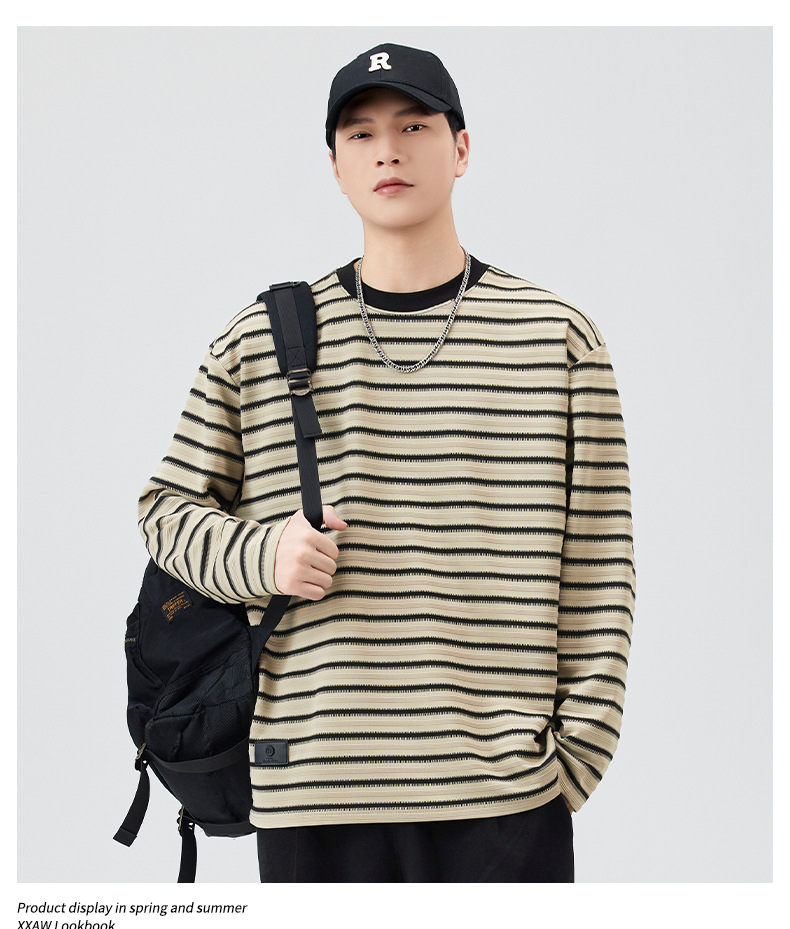 Black striped long-sleeved T-shirt for men, a loose and contrasting color round soul base layer top from the 2025 autumn fashion brand pic 9