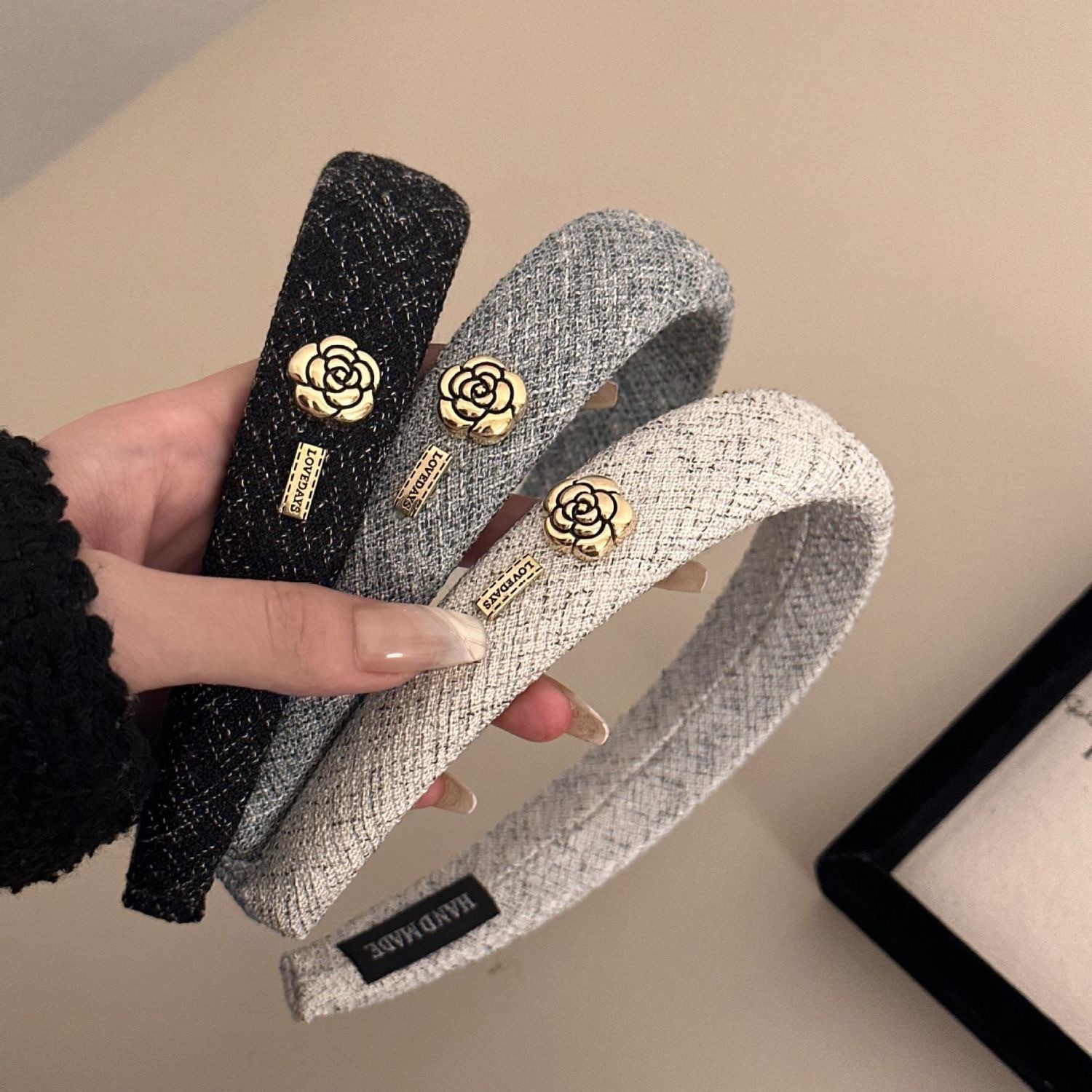 Elegant and retro camellia gold thread sponge hairband, high head Korean-style hairband, scented hairpin, elegant and girlish pic 6