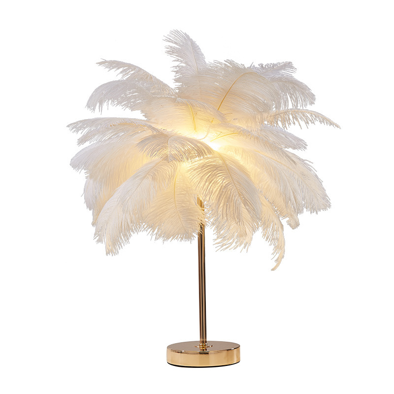 Feather desk lamp, ins, romantic and warm bedside lamp for a girl's bedroom, wedding room Internet red light, coconut tree ostrich feather floor lamp Item Picture