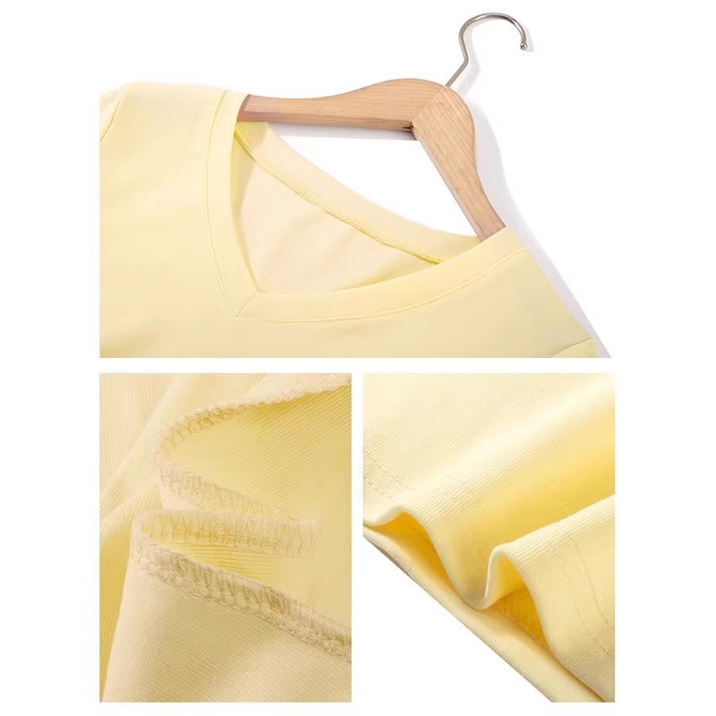 A cream-colored V-neck, straight-shoulder, short-sleeved women's T-shirt for the new summer of 2024. The slimming half-sleeve design accentuates the waist, making one look petite and short Item Picture