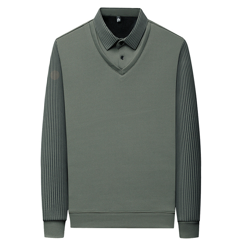 A cross-border men's clothing bestseller, a two-piece T-shirt for autumn and winter, with added fleece and thickened, a loose and casual lapel top for middle-aged men Item Picture