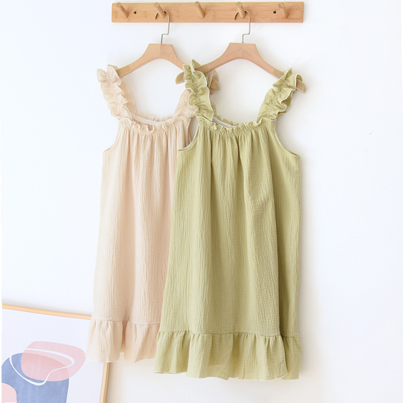 Sleeping dress for women, summer cotton yarn, pure cotton thin strappy pajamas, loose mid-length, sweet and cute long dress, home wear Specification image