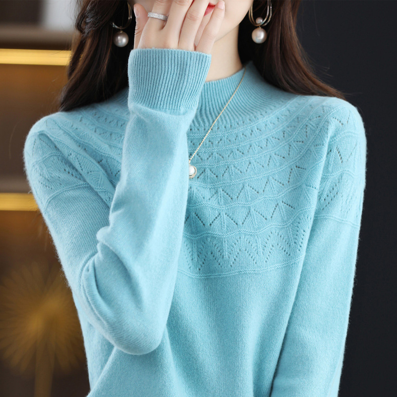 Autumn and winter semi-high neck hollowed-out 100 wool one-line seamless wool sweater, jacquard fashionable pullover sweater base layer Specification image