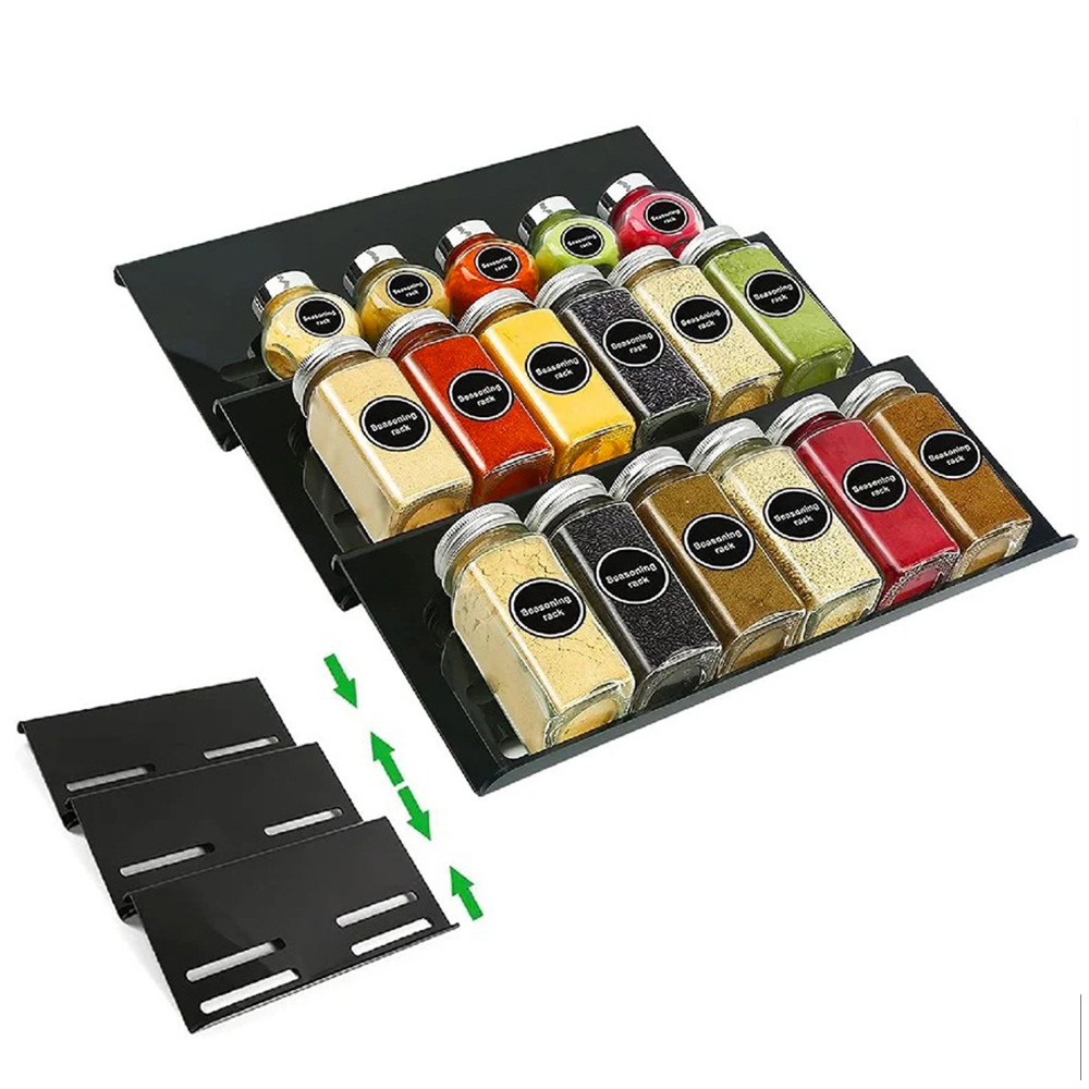 New acrylic black color adjustable kitchen seasoning rack, cabinet drawer organization and storage rack, spice rack