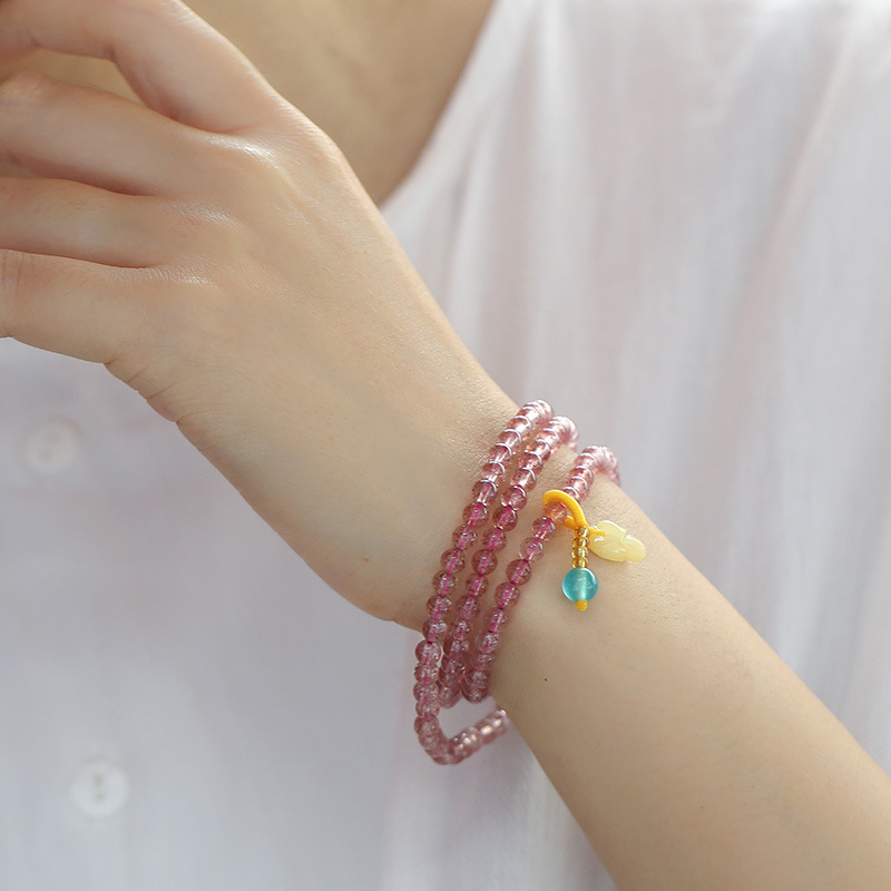 Chou's natural strawberry crystal round bead bracelet, 5mm original handcrafted with beeswax pendant and three rings of crystal jewelry