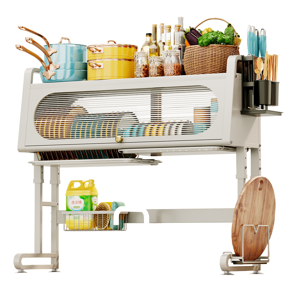 Kitchen sink rack with cabinet door, countertop, draining rack, storage rack, adjustable dust-proof bowls and plates Item Picture