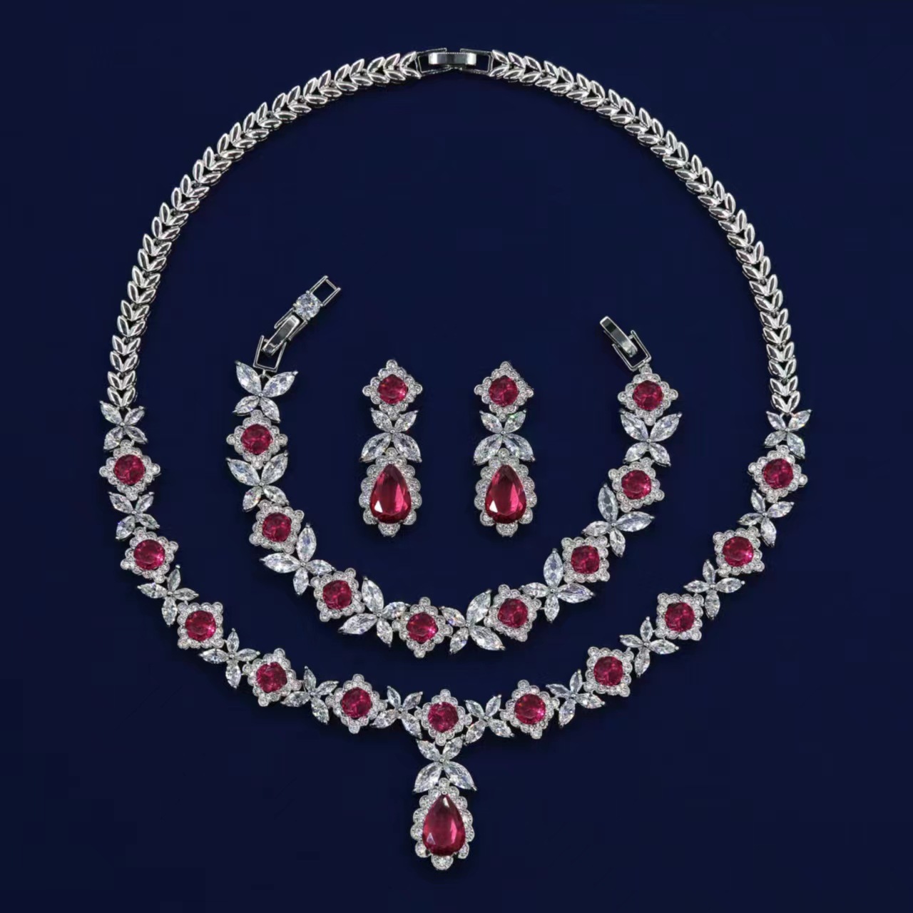 欧美时尚瑞丽花朵锆石项链耳环手链婚纱礼服新娘三件套装跨境货源 格蒂莎 LYTZ30505套装