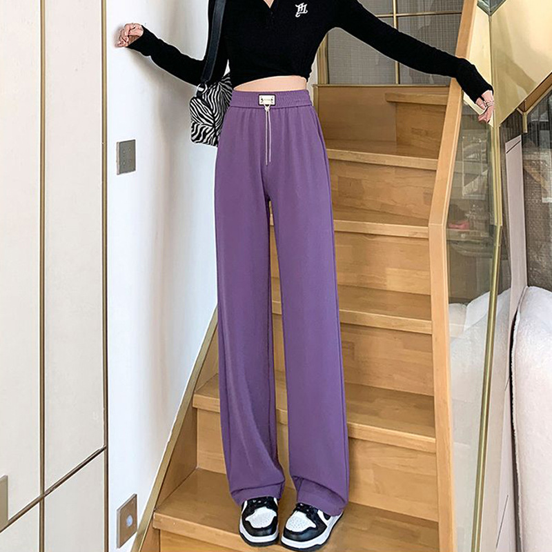 紫色裤子薄款条纹阔腿裤裤窄版直小个子高腰显腿长显瘦链条元素