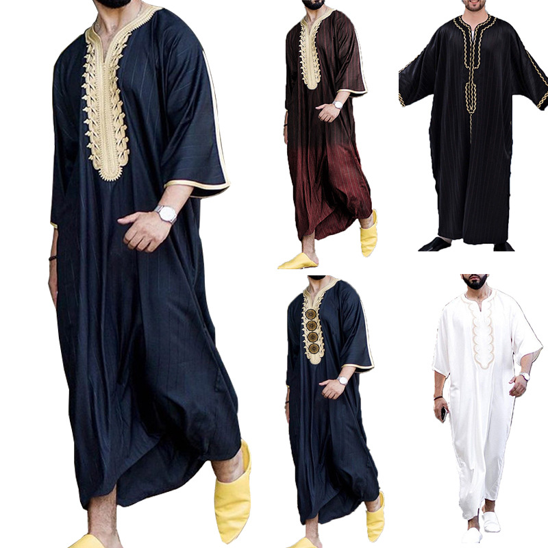 2023夏季跨境男装 阿拉伯长袍宽松V领短袖中东印花男士穆斯林衣服