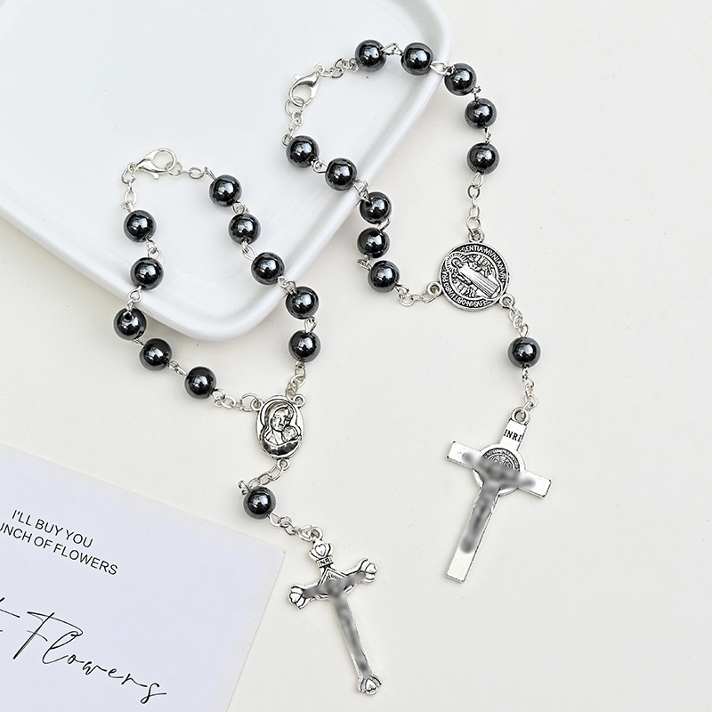 European And American Foreign Trade Cross-Border Sales Of Cross Necklaces New Black Gall Stone Rosary Curved Needle Bracelet Alloy Cross Pendant Cross Jewelry Manufacturers Wholesale