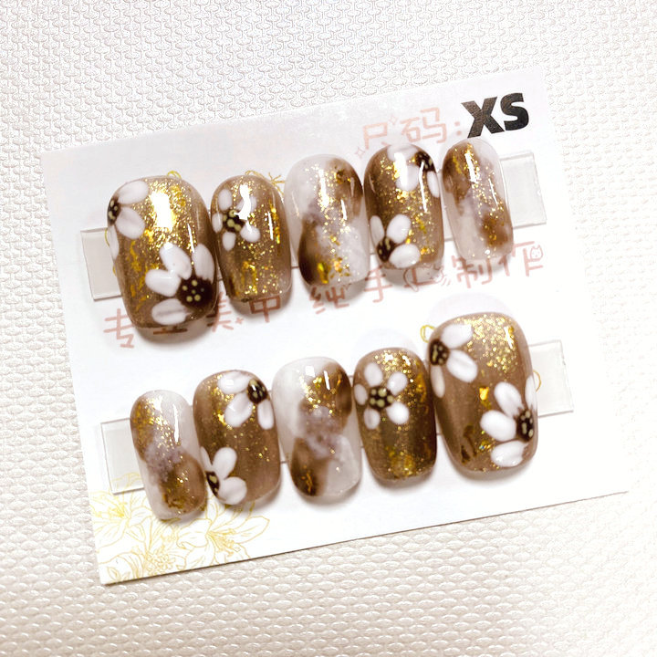 纯手工穿戴甲成品假指甲贴片果冻胶猫眼晕染贝壳钻鎏金10片xs号详情32