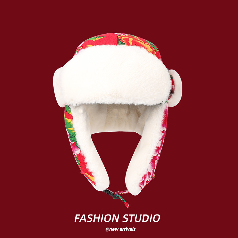 In winter, Northeastern large-flowered jackets, parent-child warm hats, ear-protecting hats, Chinese-style flight hats, warm scarves, and men's and women's Lei Feng hats Specification image