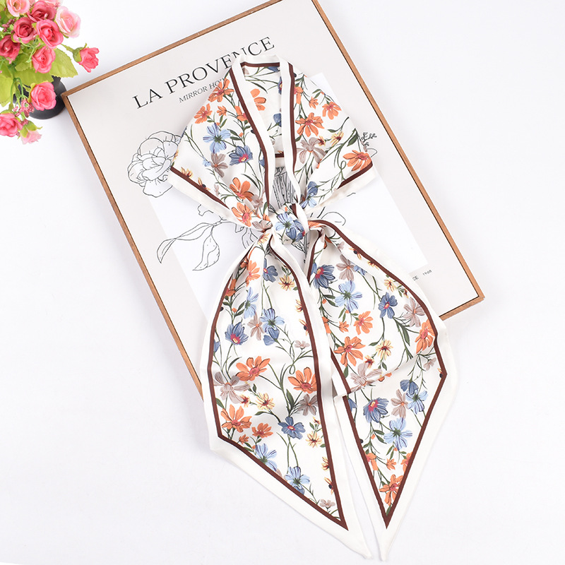 Summer New Fashion Sweet Natural Flower Pattern Printed Double Long Diagonal Scarf Silk Scarf Accessories details Picture