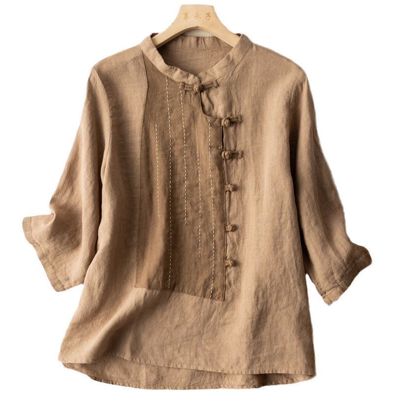 Chinese-style button-down cotton and linen top, women's shirt, three-quarter sleeve design, niche artistic, retro and ethnic style, versatile and trendy Item Picture