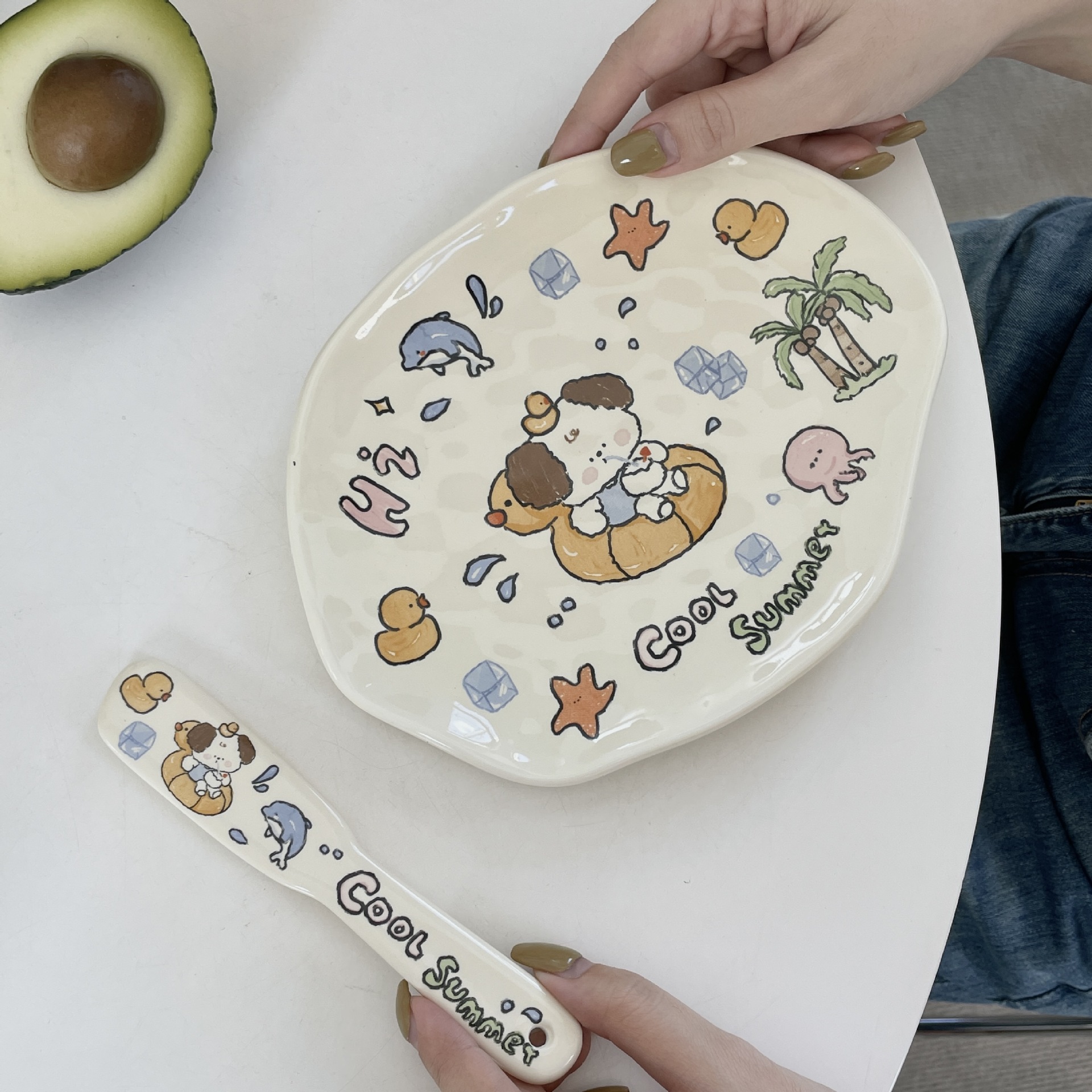 Original isn cute puppy irregular breakfast dessert pastry cake ceramic plate butter avocado jam spatula Specification image