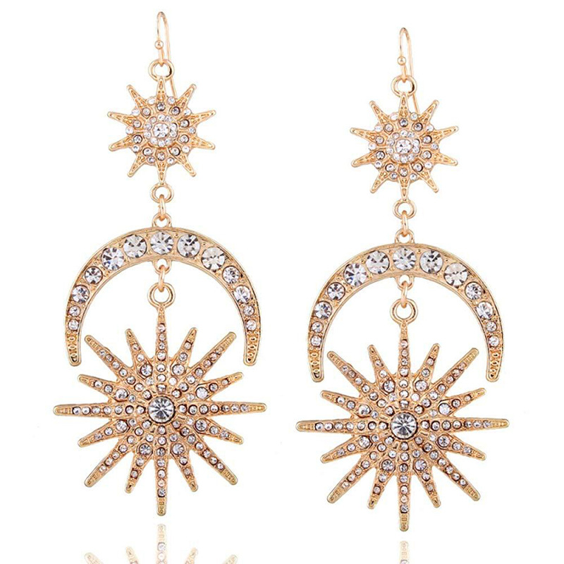Cross-border European and American Baroque style sun and moon earrings, double-layer six-pointed star Halo headband, diamond-encruffled shiny long stud earrings Application Scenario