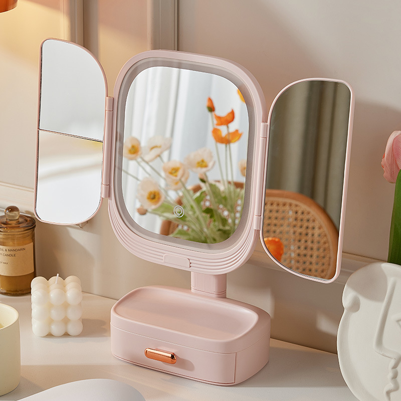 Double-door LED vanity mirror, tabletop mirror with light supplementary lighting, student dormitory charging and luminous dressing mirror details Picture