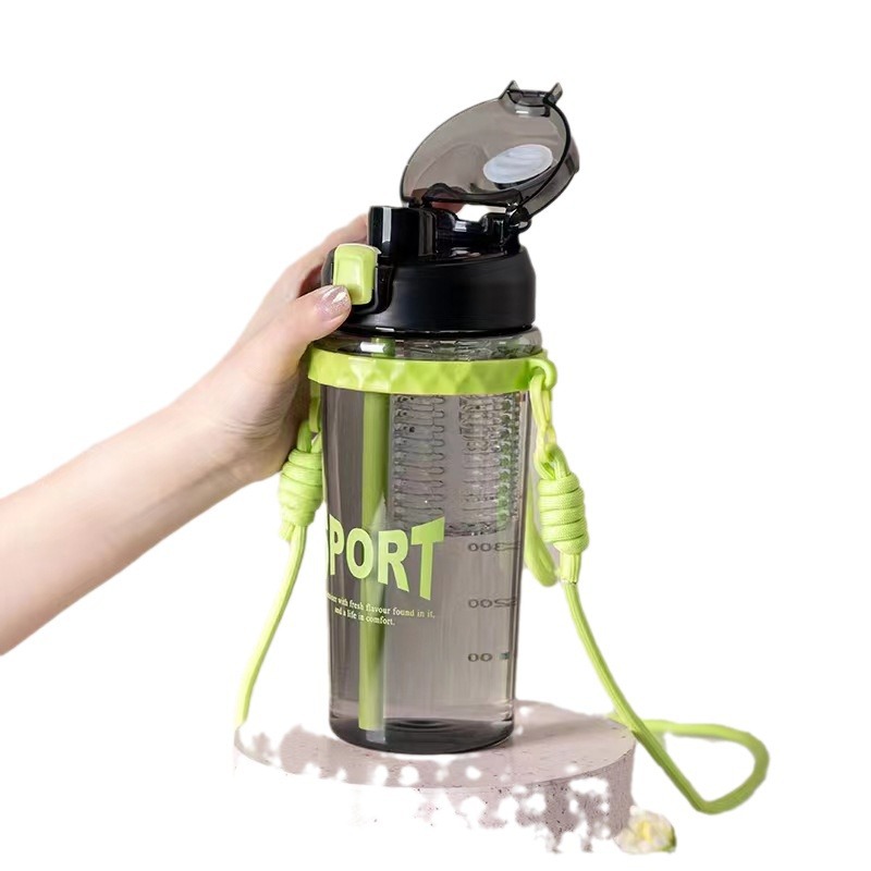 New product: High appearance level, bouncy lid, double-drinking cup, portable cup with outdoor shoulder strap, direct drinking cup, student tea brewing plastic cup Item Picture