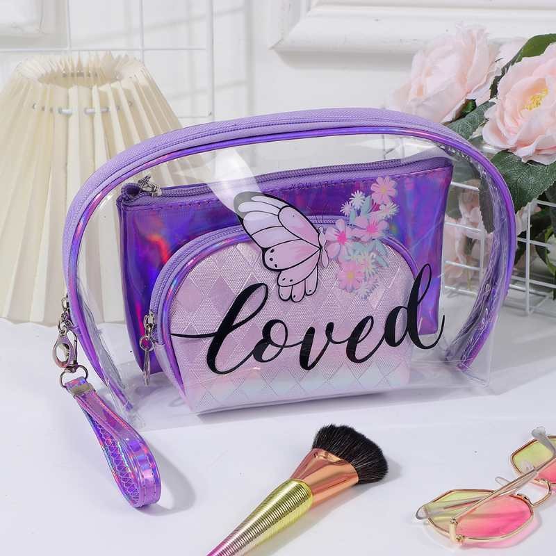 Cross-border original transparent waterproof cosmetic bag three-piece set, pink butterfly PU clutch, portable storage toiletry bag Application Scenario