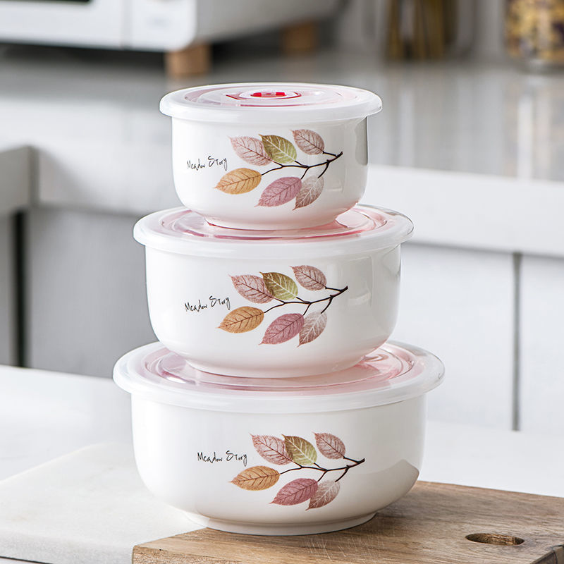 Ceramic Bowl Set Fresh-Keeping Bowl Three-Piece Set With Lid Bento Box Microwave Storage Box Instant Noodles Refrigerator Storage Box Set Item Picture