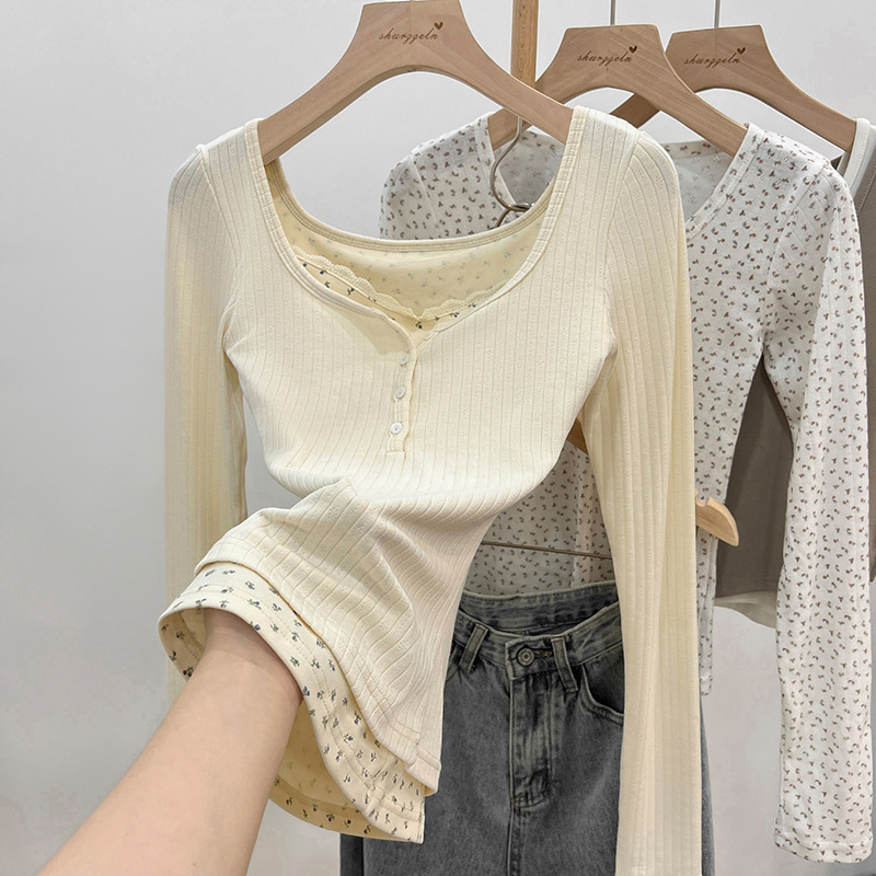 Lace lace long-sleeved base layer women's fashion 2024 autumn/winter design sense low-neck collarbone fake two floral top details Picture