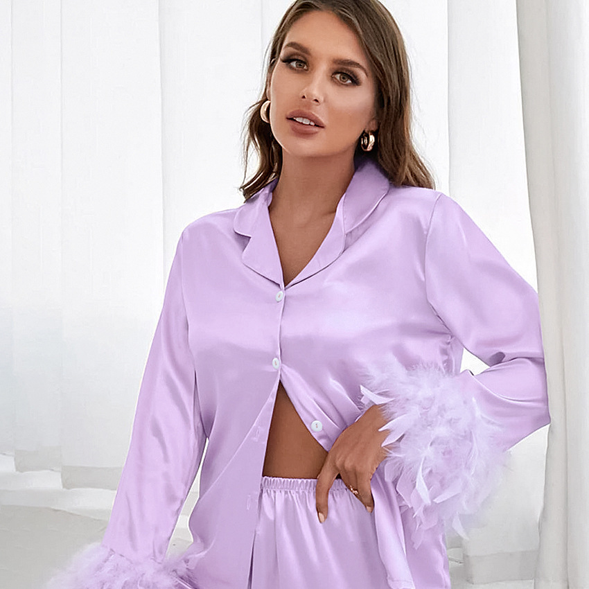 T Fashion Ostrich fur ice silk pajamas, feather home wear, autumn new arrivals, European and American shirt two-piece sets, women's long pajamas Specification drawing