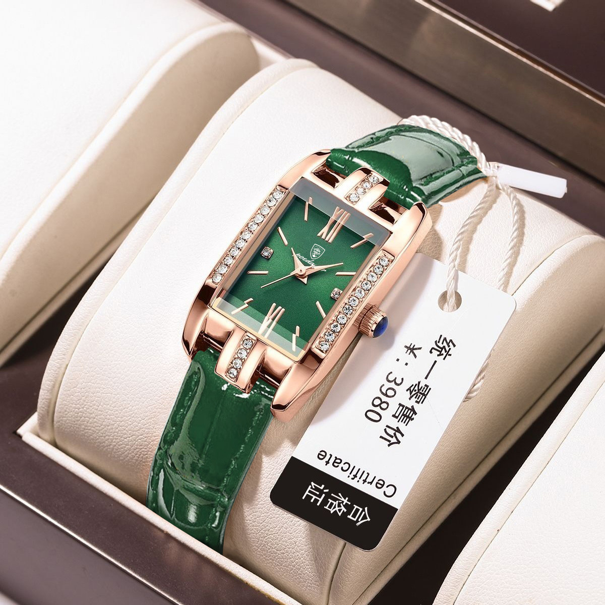 Swiss brand leather strap women's watch, ultra-thin square small green watch for women, live-streaming foreign trade bestseller, one-piece consignment