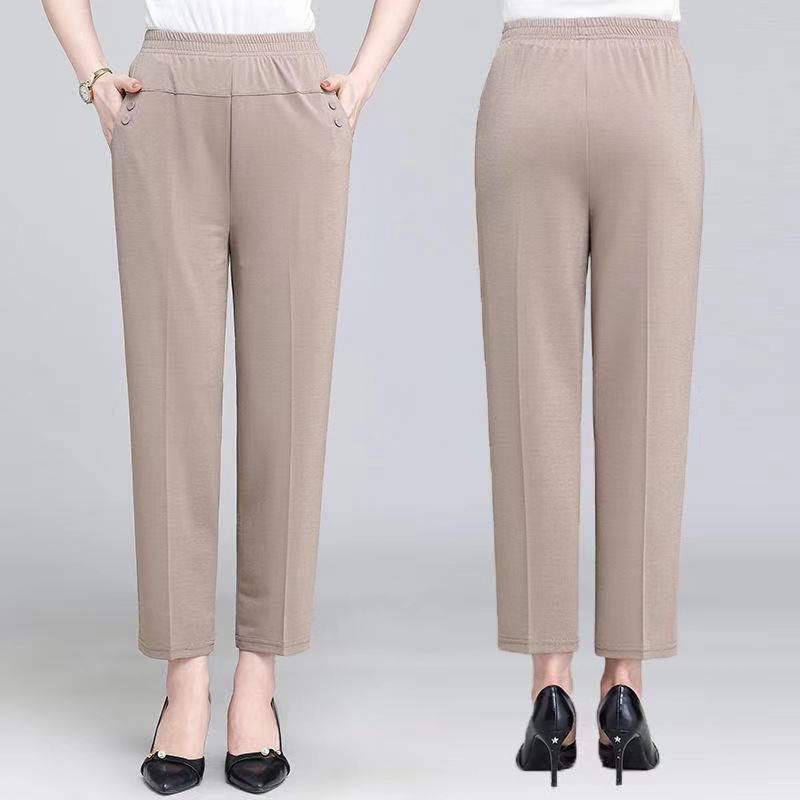 For middle-aged and elderly people in summer, there are thin, elastic, tight-waisted straight-leg pants that can be worn as outerwear, high-waisted mom pants, and casual pants details Picture